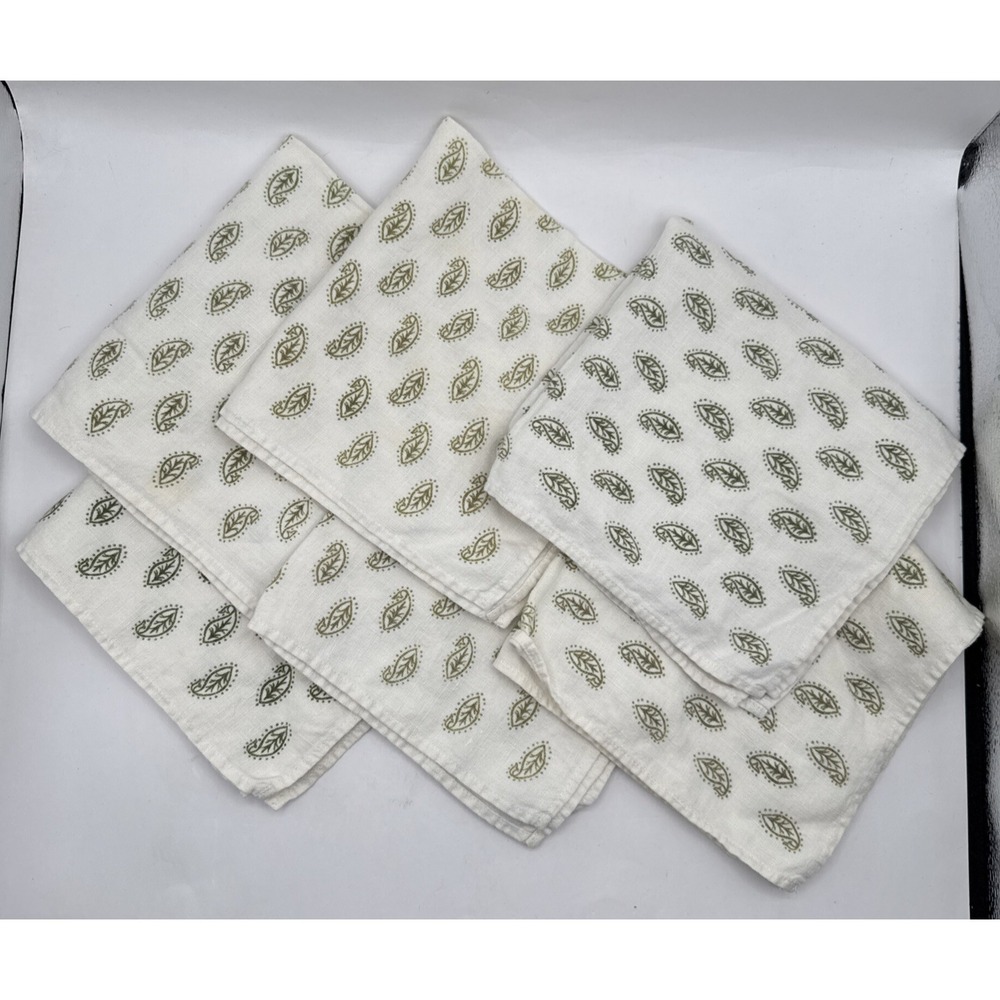 Lot of 6 White Hand Towels Cloth Napkins Green Leaf Leaves‎